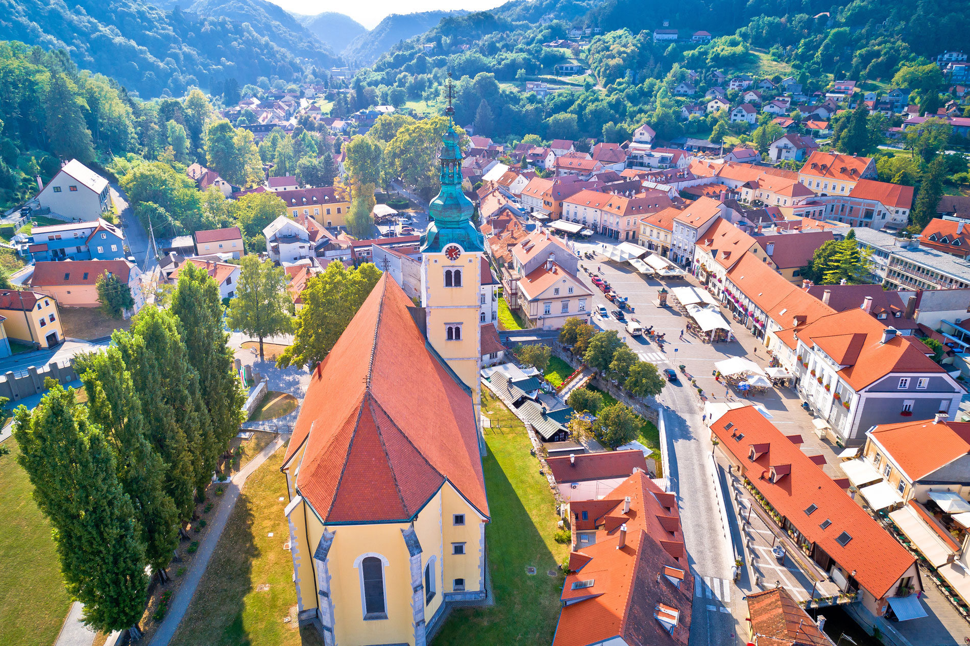 Samobor historic town square with traditional architecture - Croatian gastronomy and kremšnita destination